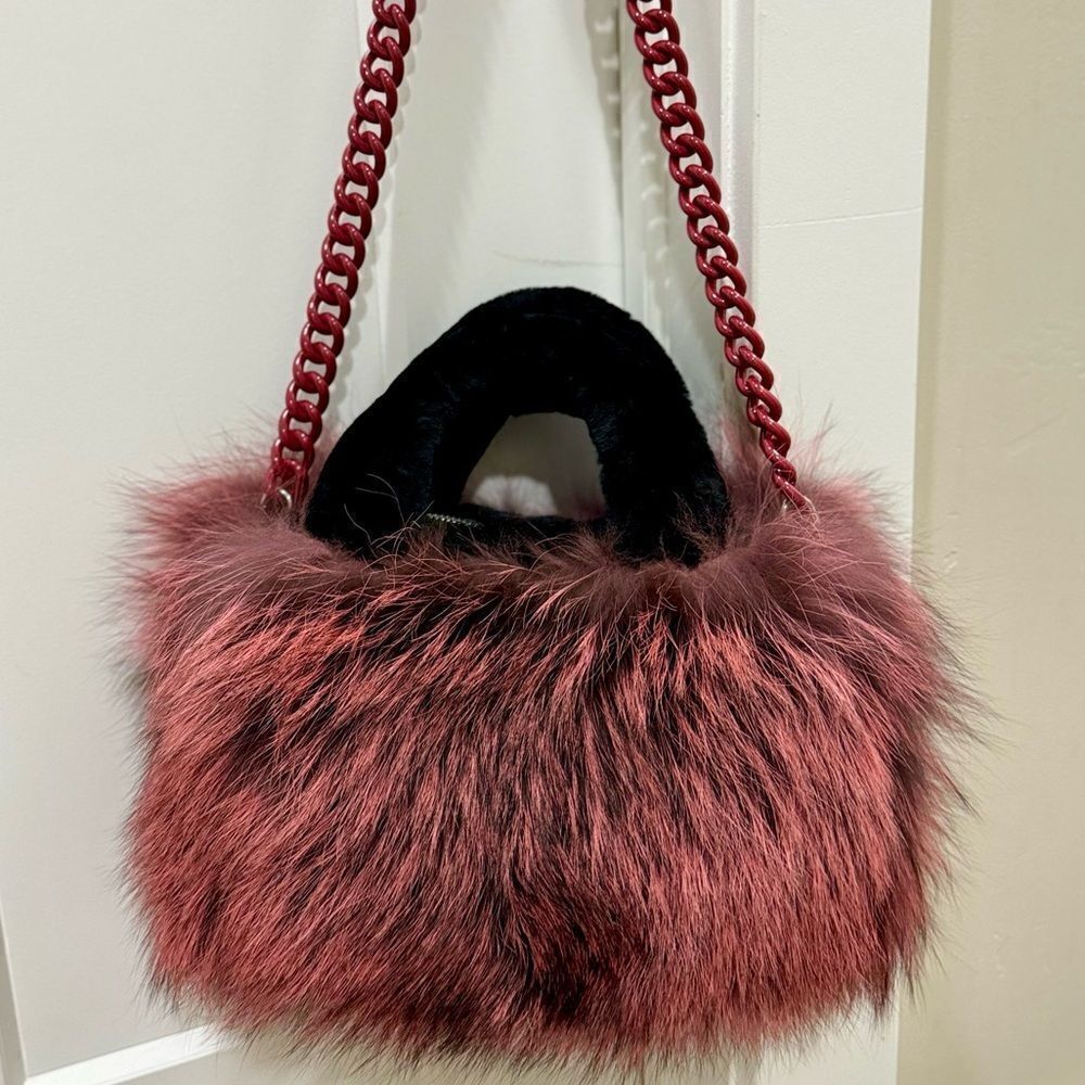 Maroon Handmade Dyed Real Fox Fur Bag With Fur Handle Includes 2 Strap Styles